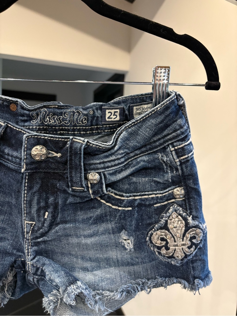Miss Me Dark Blue Distressed Embroidered Denim Shorts - Picture 2 of 5